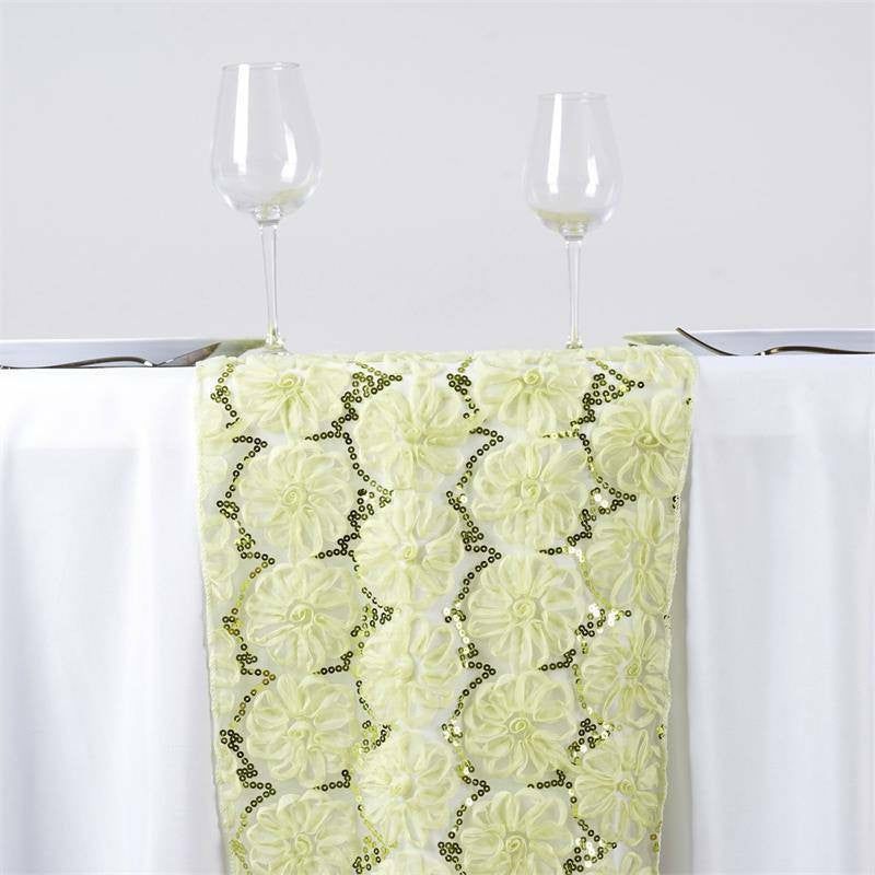 Tea Green Sequin Studded Floral Tulle Table Runner 12″x108″  |   Jute Burlap & Lace Jute Burlap & Lace Jute Burlap & Lace