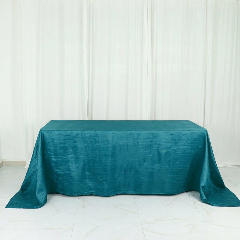 Teal Accordion Crinkle Taffeta Seamless Rectangular Tablecloth 90″x132″ for 6 Foot Table With Floor-Length Drop  |   Pintuck, Crinkle & Leaf Pintuck, Crinkle & Leaf Pintuck, Crinkle & Leaf