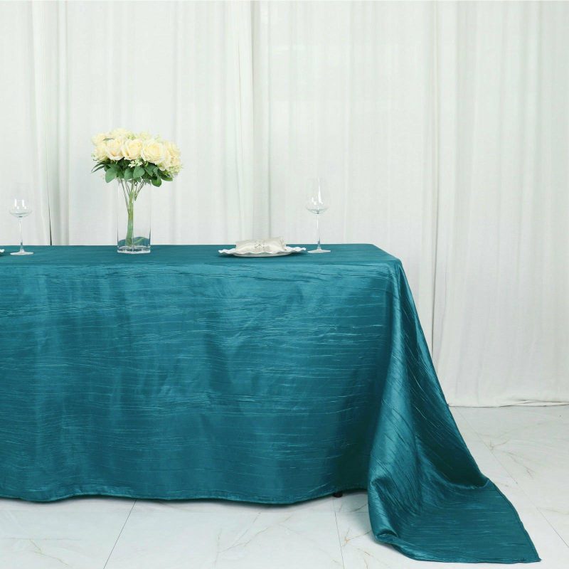 Teal Accordion Crinkle Taffeta Seamless Rectangular Tablecloth 90″x132″ for 6 Foot Table With Floor-Length Drop  |   Pintuck, Crinkle & Leaf Pintuck, Crinkle & Leaf Pintuck, Crinkle & Leaf