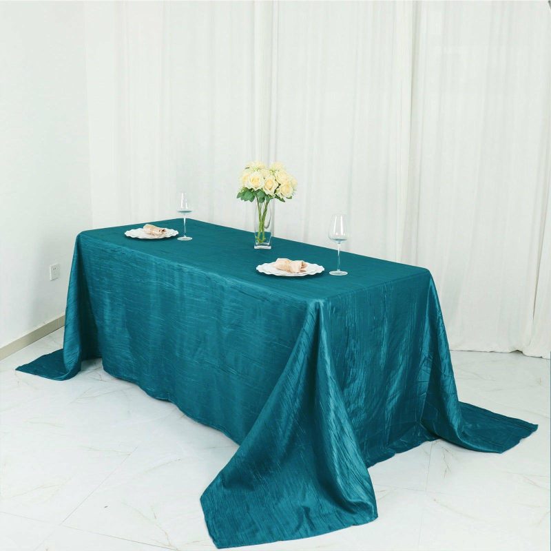 Teal Accordion Crinkle Taffeta Seamless Rectangular Tablecloth 90″x132″ for 6 Foot Table With Floor-Length Drop  |   Pintuck, Crinkle & Leaf Pintuck, Crinkle & Leaf Pintuck, Crinkle & Leaf