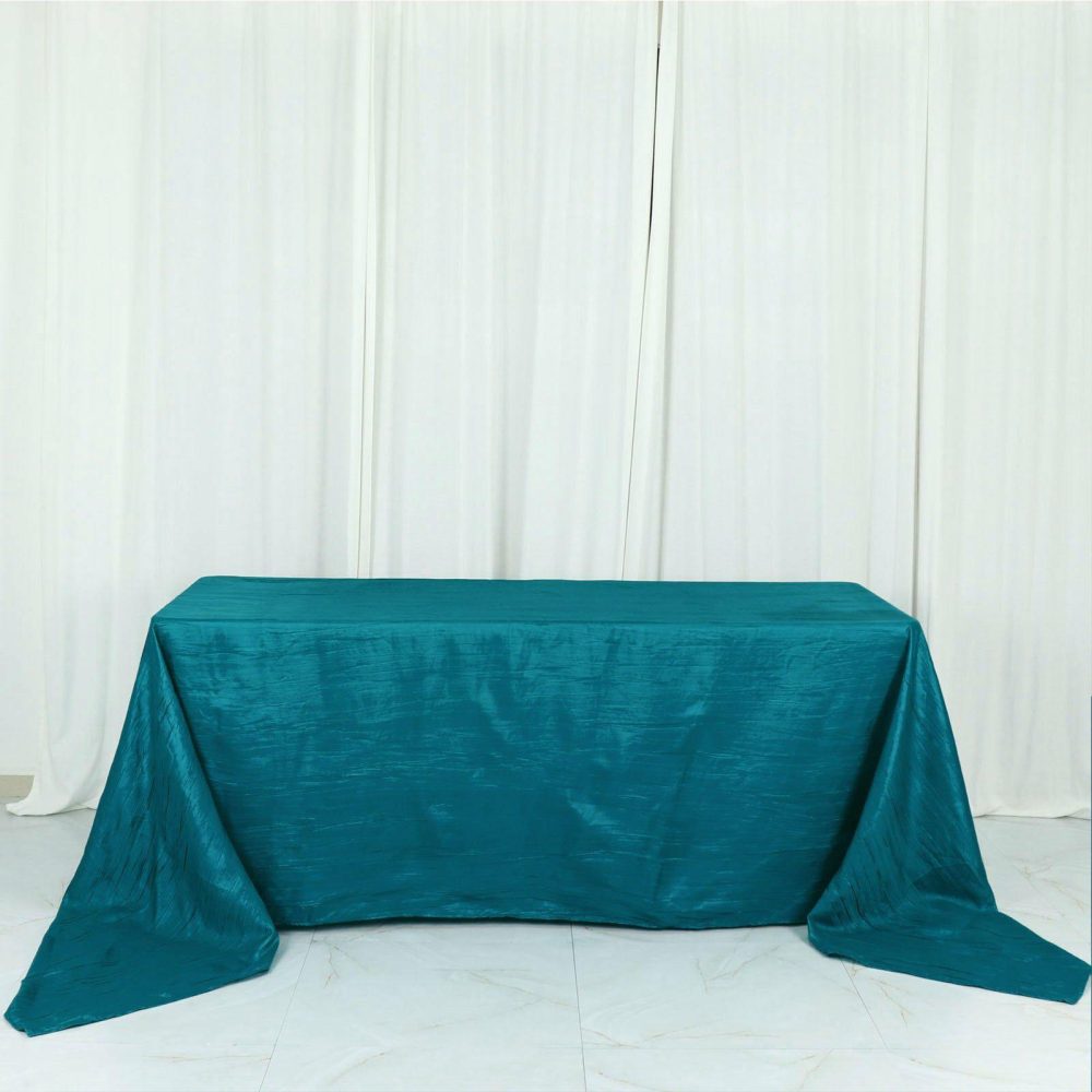 Teal Accordion Crinkle Taffeta Seamless Rectangular Tablecloth 90″x156″ for 8 Foot Table With Floor-Length Drop  |   Pintuck, Crinkle & Leaf Pintuck, Crinkle & Leaf Pintuck, Crinkle & Leaf