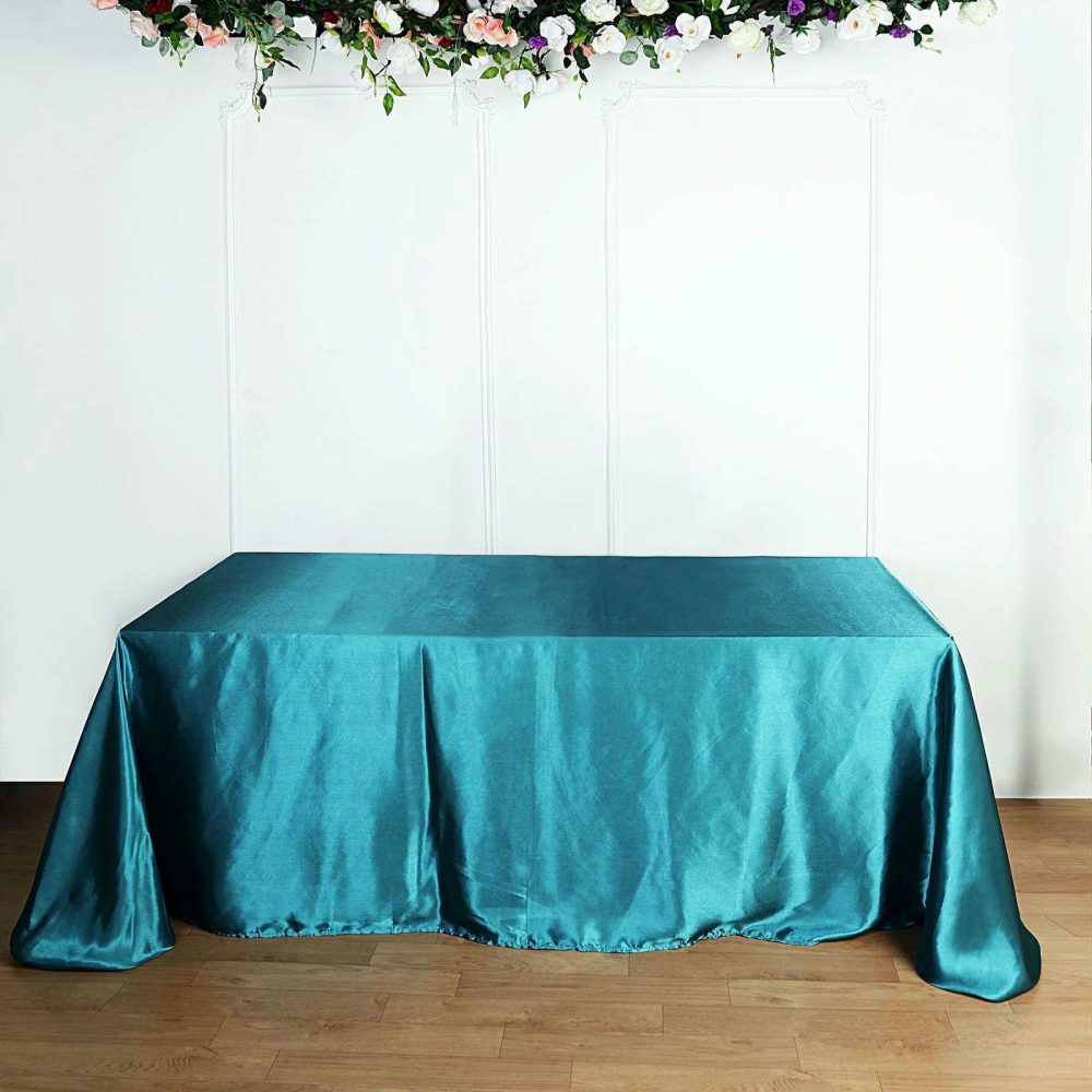 Teal Satin Seamless Rectangular Tablecloth 90″x132″ for 6 Foot Table With Floor-Length Drop  |   Satin Satin Satin