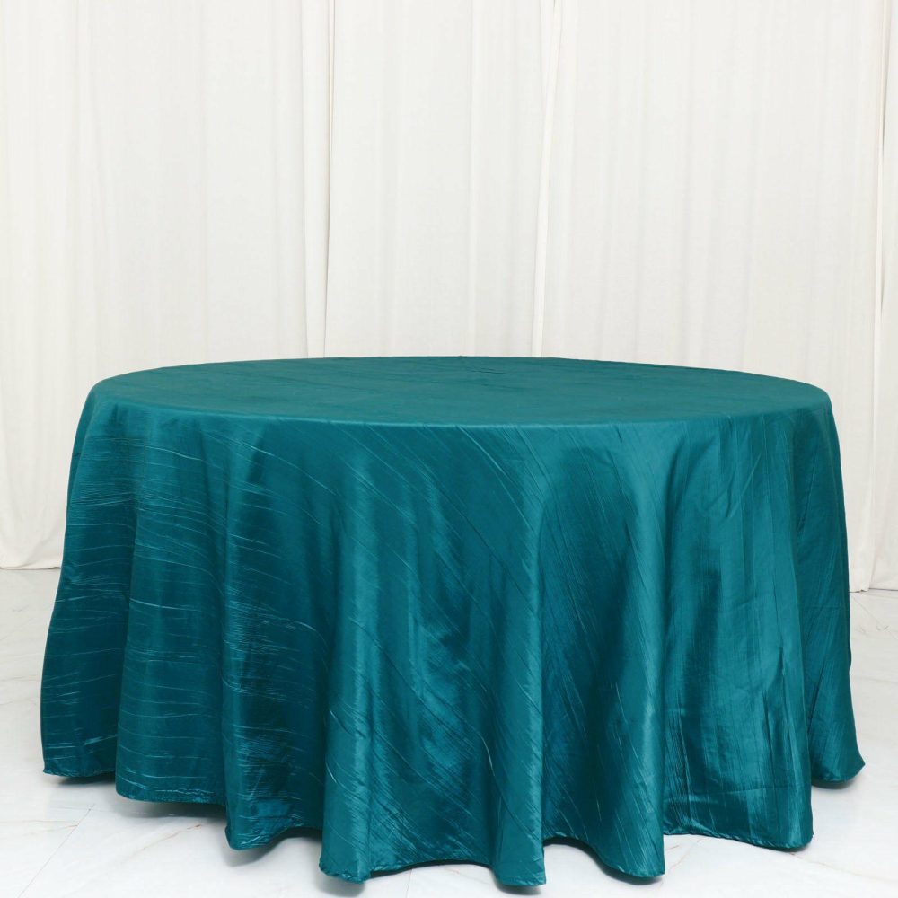 Teal Seamless Accordion Crinkle Taffeta Round Tablecloth 120″ for 5 Foot Table With Floor-Length Drop  |   Pintuck, Crinkle & Leaf Pintuck, Crinkle & Leaf Pintuck, Crinkle & Leaf