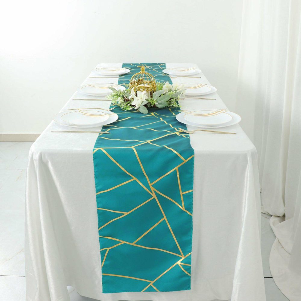 Teal With Gold Foil Geometric Pattern Table Runner 9ft  |   Polyester Polyester Polyester