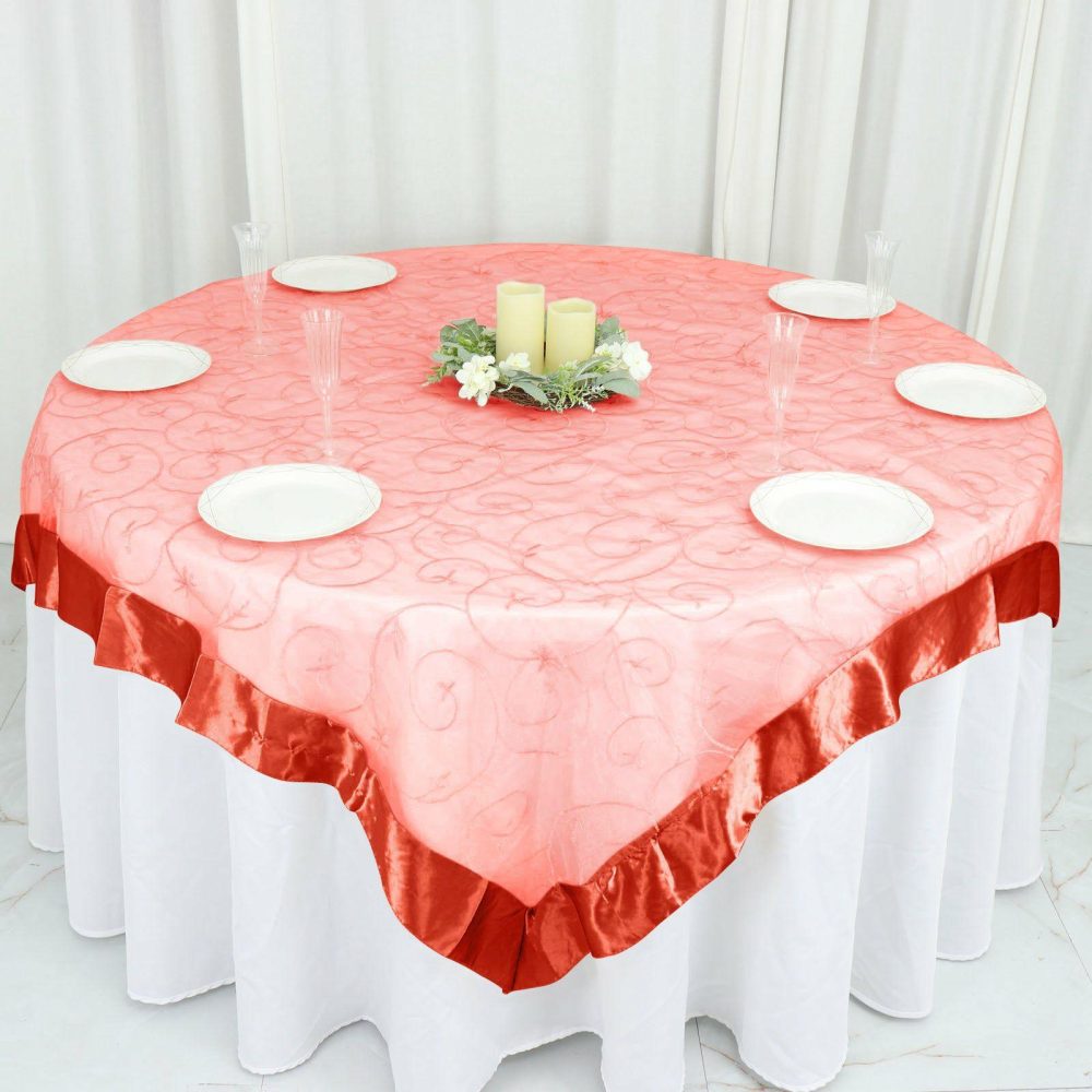 Terracotta Embroidered Sheer Organza Square Table Overlay With Satin Edge 72″x72″  |   Sheer Organza Sheer Organza Sheer Organza