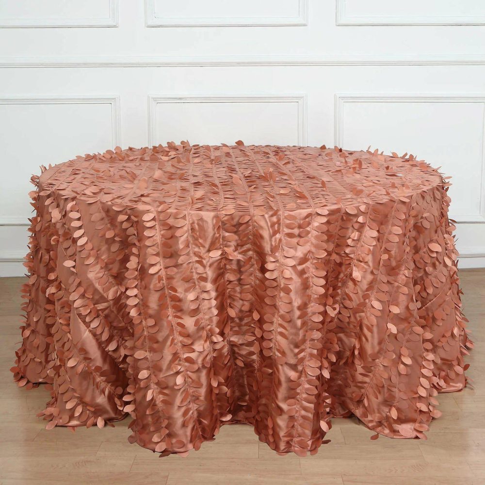 Terracotta (Rust) 3D Leaf Petal Taffeta Fabric Seamless Round Tablecloth – 132″ for 6 Foot Table With Floor-Length Drop  |   Pintuck, Crinkle & Leaf Pintuck, Crinkle & Leaf Pintuck, Crinkle & Leaf