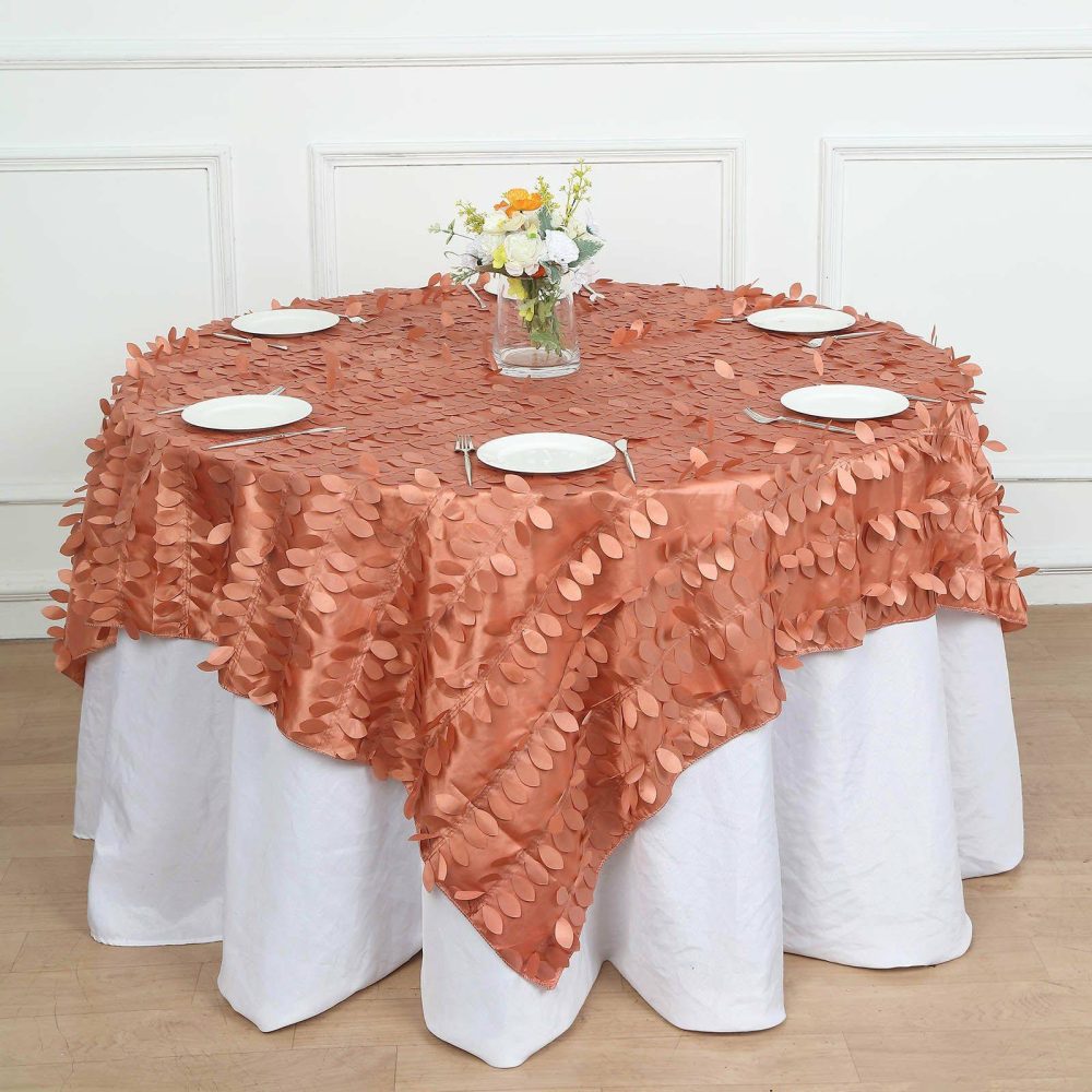 Terracotta (Rust) 3D Leaf Petal Taffeta Fabric Table Overlay 72″x72″  |   Satin & Taffeta Satin & Taffeta Satin & Taffeta