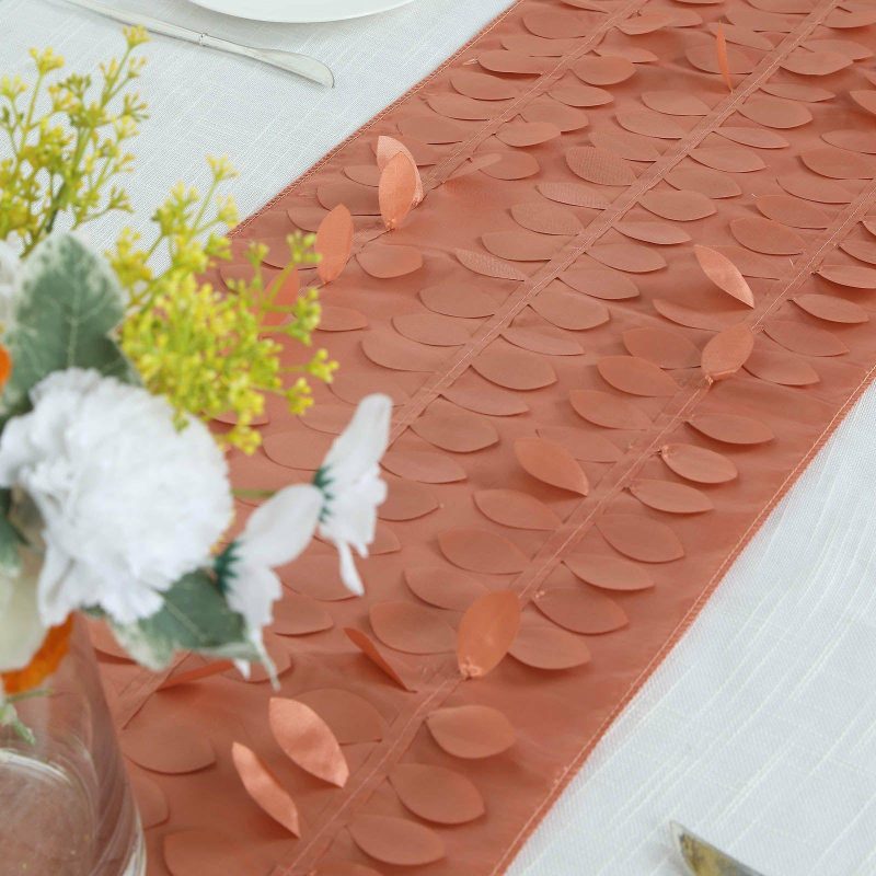 Terracotta (Rust) 3D Leaf Petal Taffeta Fabric Table Runner 12″x108″  |   Stylish Stylish Stylish