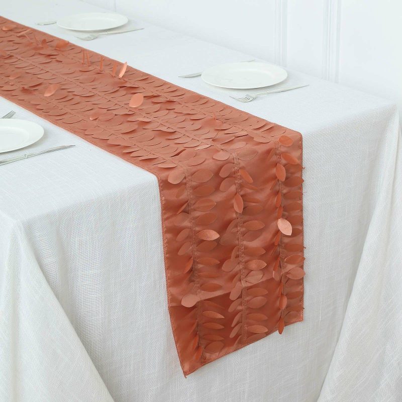 Terracotta (Rust) 3D Leaf Petal Taffeta Fabric Table Runner 12″x108″  |   Stylish Stylish Stylish