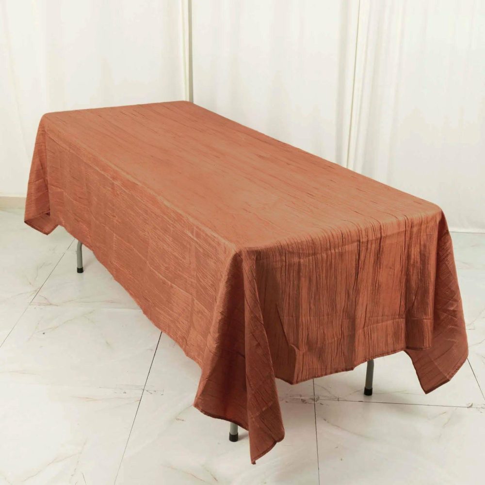 Terracotta (Rust) Accordion Crinkle Taffeta Seamless Rectangle Tablecloth – 60″x102″  |   Pintuck, Crinkle & Leaf Pintuck, Crinkle & Leaf Pintuck, Crinkle & Leaf