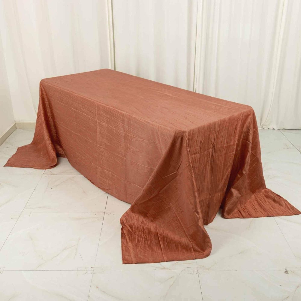 Terracotta (Rust) Accordion Crinkle Taffeta Seamless Rectangle Tablecloth – 90″x132″ for 6 Foot Table With Floor-Length Drop  |   Pintuck, Crinkle & Leaf Pintuck, Crinkle & Leaf Pintuck, Crinkle & Leaf