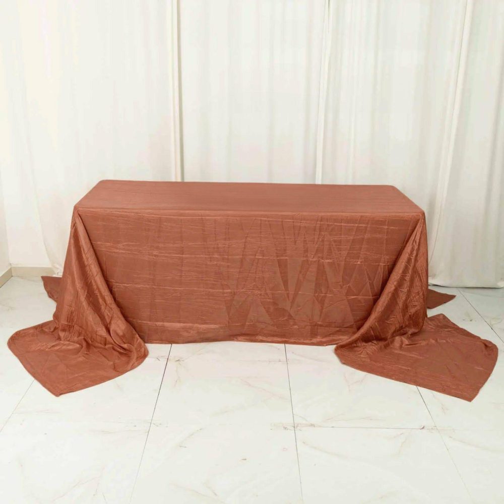 Terracotta (Rust) Accordion Crinkle Taffeta Seamless Rectangular Tablecloth – 90″x156″ for 8 Foot Table With Floor-Length Drop  |   Pintuck, Crinkle & Leaf Pintuck, Crinkle & Leaf Pintuck, Crinkle & Leaf