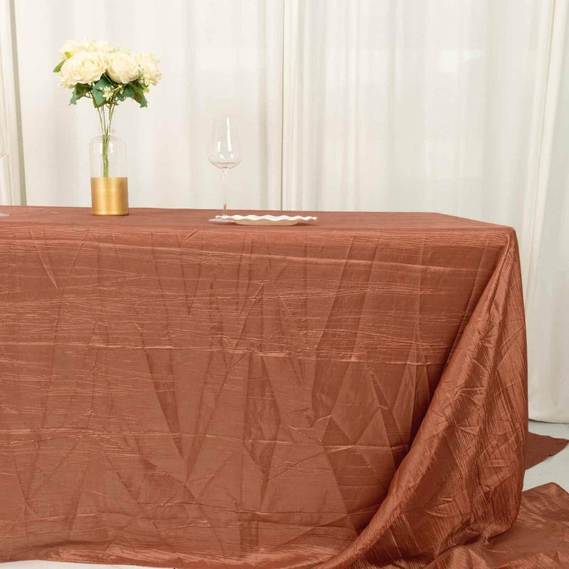 Terracotta (Rust) Accordion Crinkle Taffeta Seamless Rectangular Tablecloth – 90″x156″ for 8 Foot Table With Floor-Length Drop  |   Pintuck, Crinkle & Leaf Pintuck, Crinkle & Leaf Pintuck, Crinkle & Leaf