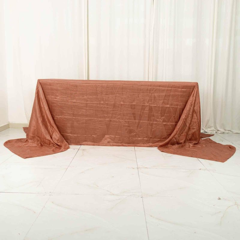 Terracotta (Rust) Accordion Crinkle Taffeta Seamless Rectangular Tablecloth – 90″x156″ for 8 Foot Table With Floor-Length Drop  |   Pintuck, Crinkle & Leaf Pintuck, Crinkle & Leaf Pintuck, Crinkle & Leaf