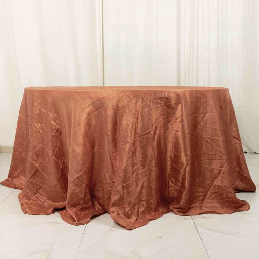 Terracotta (Rust) Accordion Crinkle Taffeta Seamless Round Tablecloth – 132″ for 6 Foot Table With Floor-Length Drop  |   Pintuck, Crinkle & Leaf Pintuck, Crinkle & Leaf Pintuck, Crinkle & Leaf