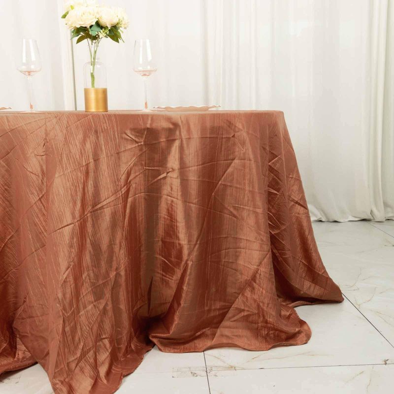 Terracotta (Rust) Accordion Crinkle Taffeta Seamless Round Tablecloth – 132″ for 6 Foot Table With Floor-Length Drop  |   Pintuck, Crinkle & Leaf Pintuck, Crinkle & Leaf Pintuck, Crinkle & Leaf