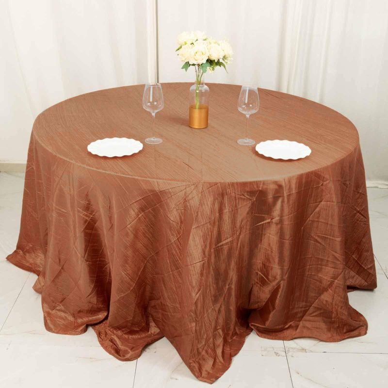 Terracotta (Rust) Accordion Crinkle Taffeta Seamless Round Tablecloth – 132″ for 6 Foot Table With Floor-Length Drop  |   Pintuck, Crinkle & Leaf Pintuck, Crinkle & Leaf Pintuck, Crinkle & Leaf