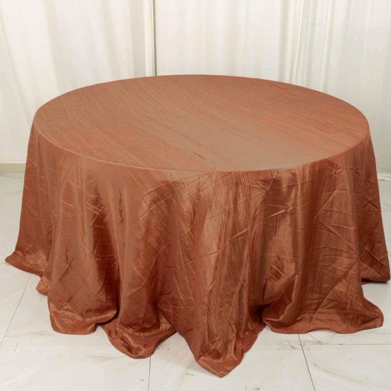 Terracotta (Rust) Accordion Crinkle Taffeta Seamless Round Tablecloth – 132″ for 6 Foot Table With Floor-Length Drop  |   Pintuck, Crinkle & Leaf Pintuck, Crinkle & Leaf Pintuck, Crinkle & Leaf