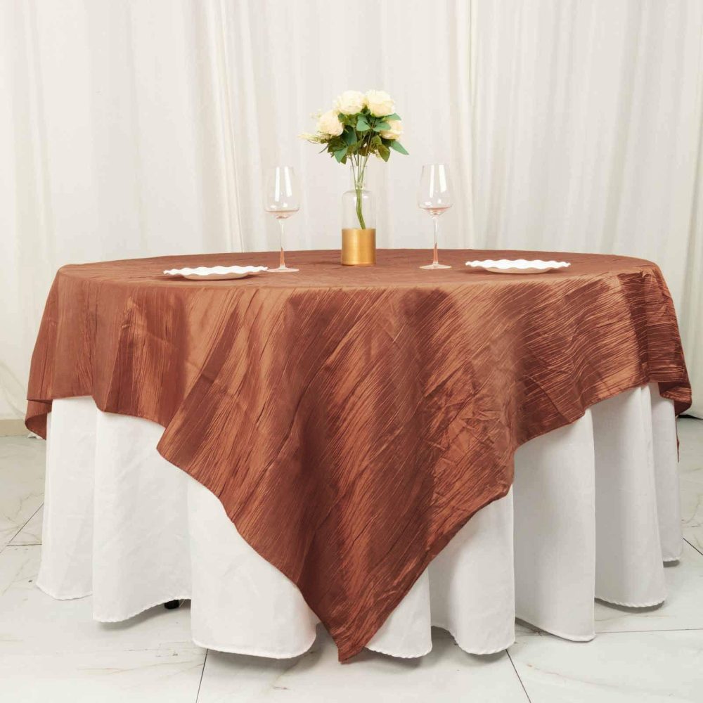 Terracotta (Rust) Accordion Crinkle Taffeta Square Table Overlay 90″x90″  |   Satin & Taffeta Satin & Taffeta Satin & Taffeta