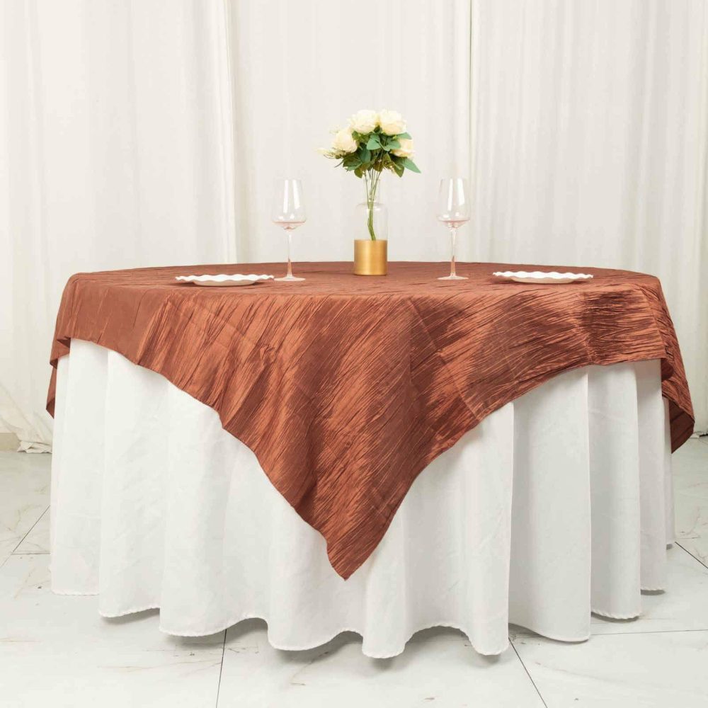 Terracotta (Rust) Accordion Crinkle Taffeta Table Overlay, Square Tablecloth Topper 72″x72″  |   Satin & Taffeta Satin & Taffeta Satin & Taffeta