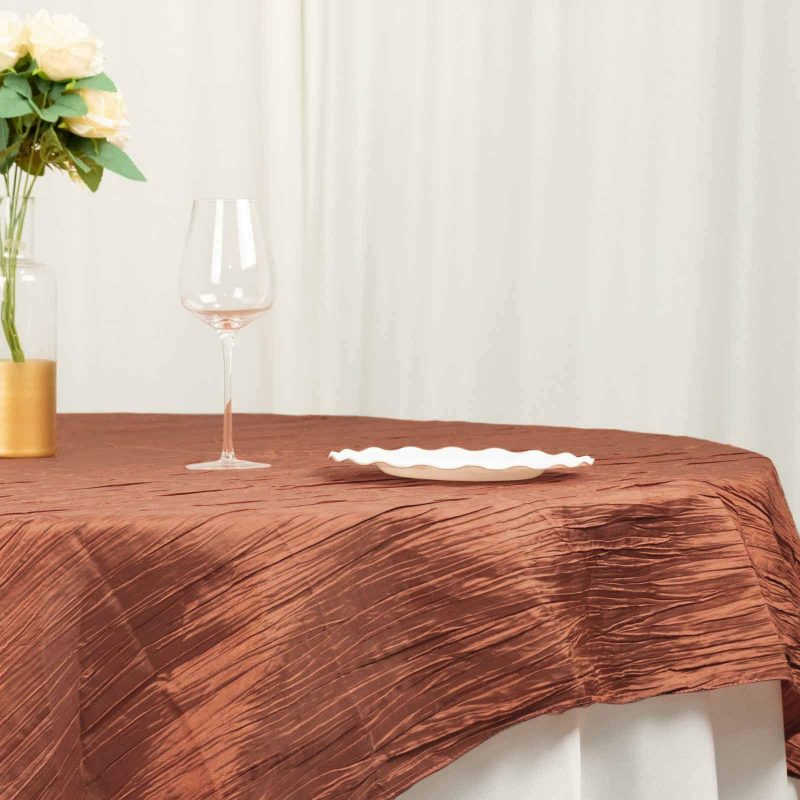 Terracotta (Rust) Accordion Crinkle Taffeta Table Overlay, Square Tablecloth Topper 72″x72″  |   Satin & Taffeta Satin & Taffeta Satin & Taffeta