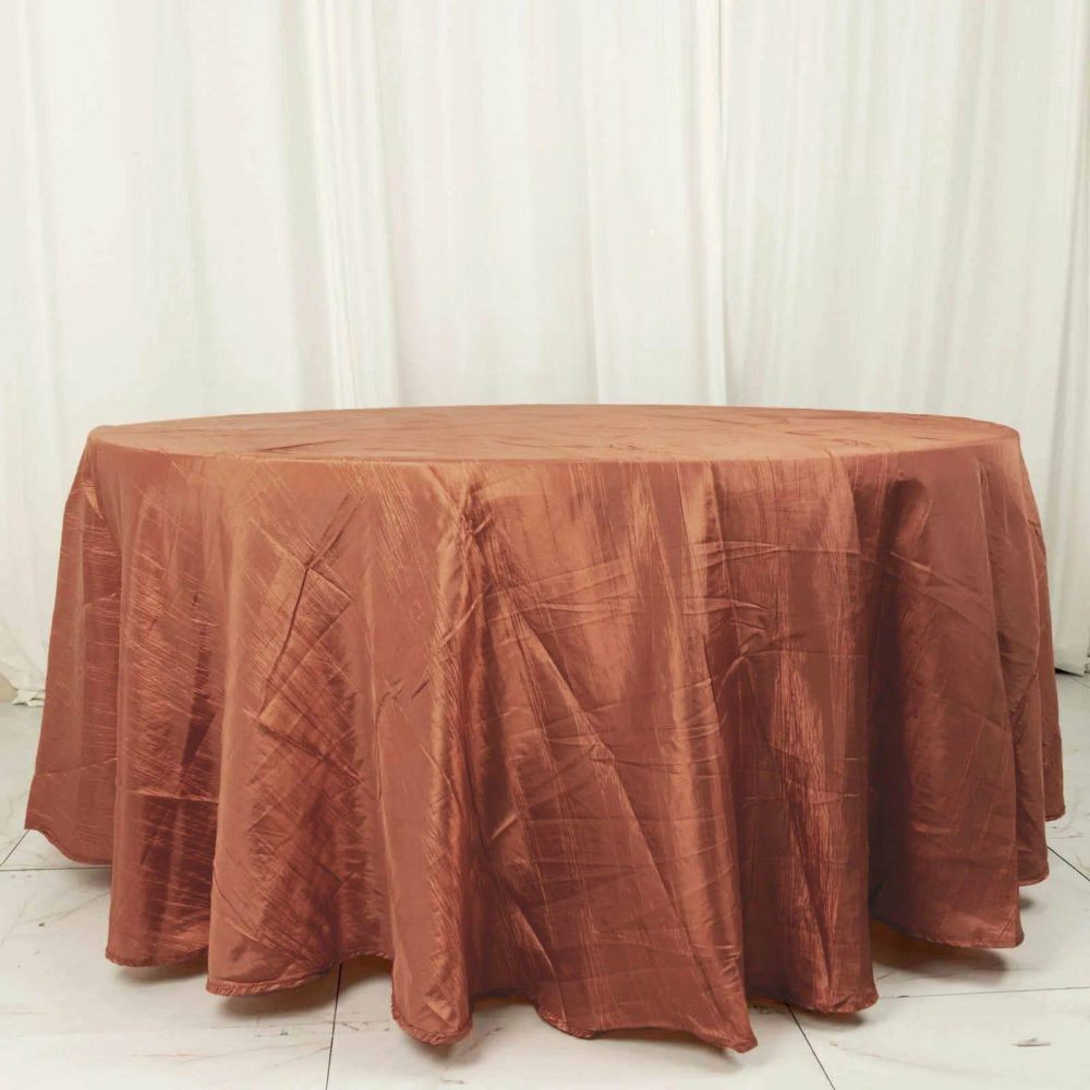 Terracotta (Rust) Seamless Accordion Crinkle Taffeta Round Tablecloth – 120″ for 5 Foot Table With Floor-Length Drop  |   Pintuck, Crinkle & Leaf Pintuck, Crinkle & Leaf Pintuck, Crinkle & Leaf