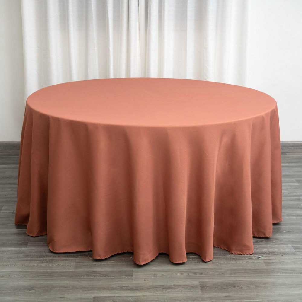 Terracotta (Rust) Seamless Polyester Round Tablecloth – 120″ for 5 Foot Table With Floor-Length Drop  |   Polyester Polyester Polyester