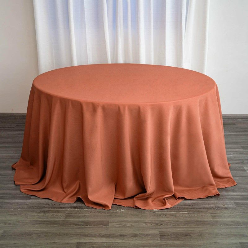 Terracotta (Rust) Seamless Polyester Round Tablecloth – 132″ for 6 Foot Table With Floor-Length Drop  |   Polyester Polyester Polyester