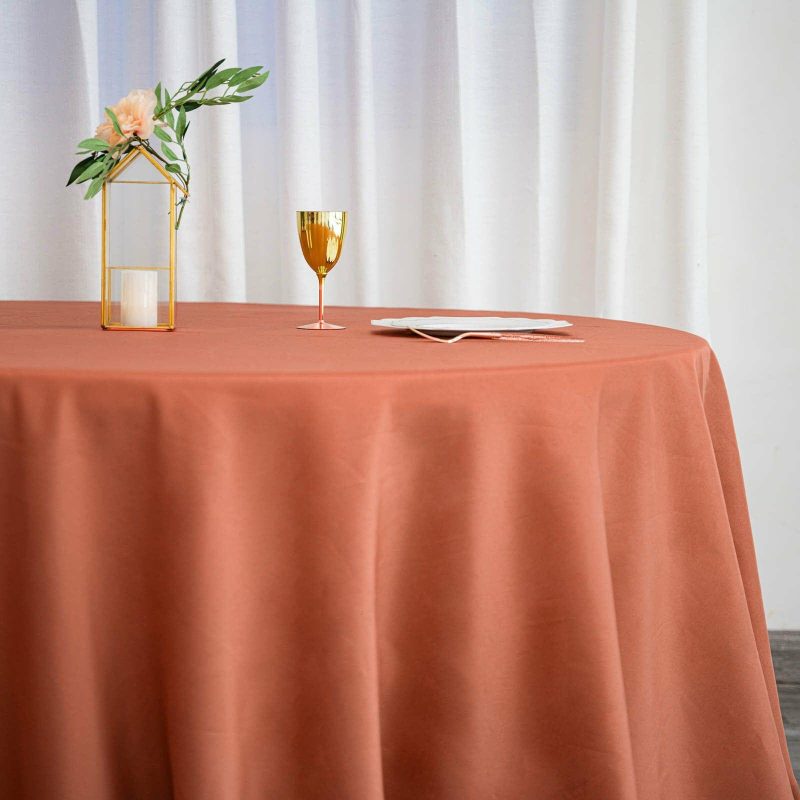 Terracotta (Rust) Seamless Polyester Round Tablecloth – 132″ for 6 Foot Table With Floor-Length Drop  |   Polyester Polyester Polyester