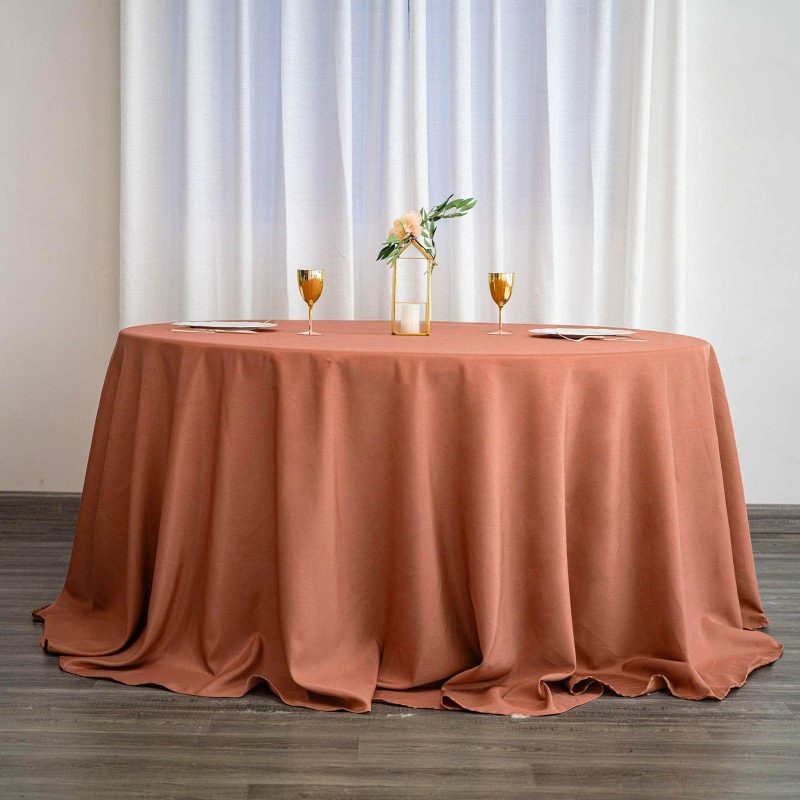 Terracotta (Rust) Seamless Polyester Round Tablecloth – 132″ for 6 Foot Table With Floor-Length Drop  |   Polyester Polyester Polyester