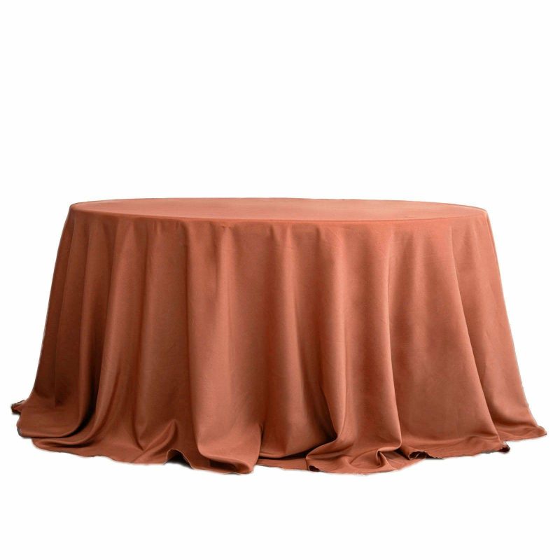 Terracotta (Rust) Seamless Polyester Round Tablecloth – 132″ for 6 Foot Table With Floor-Length Drop  |   Polyester Polyester Polyester