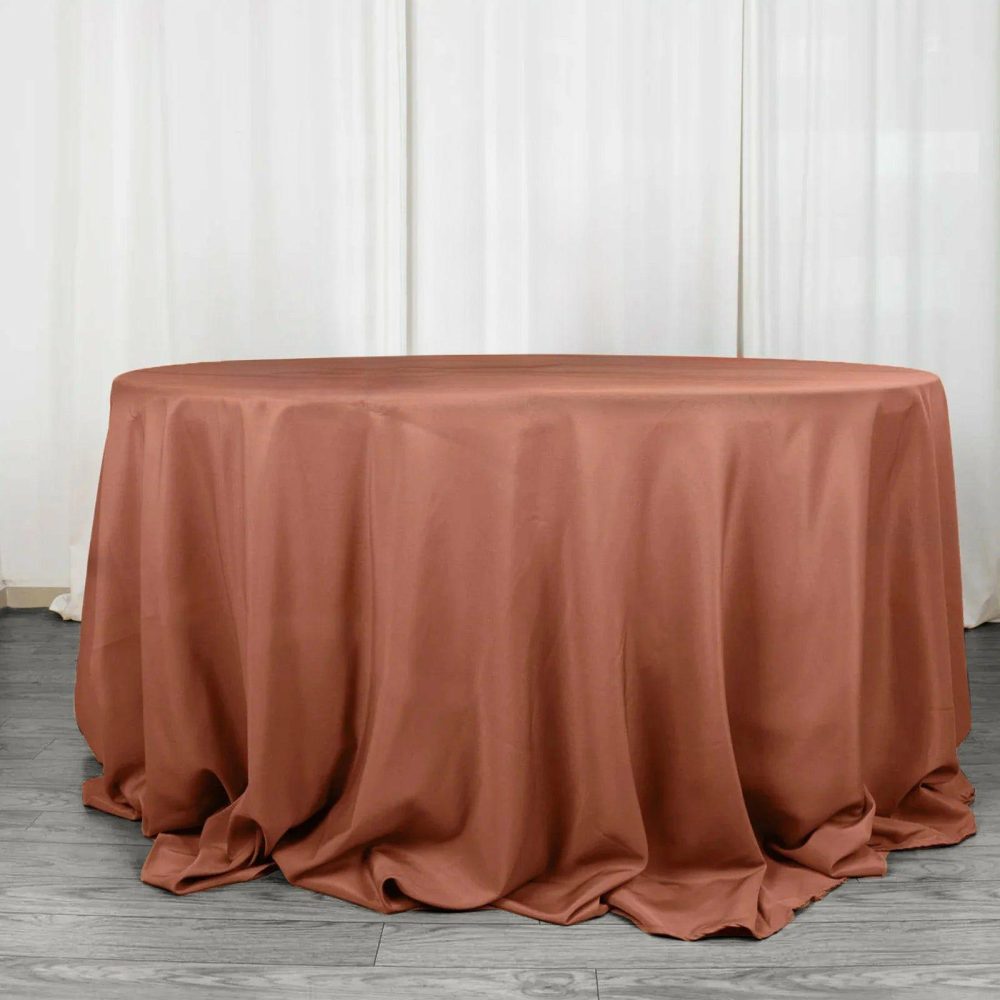 Terracotta (Rust) Seamless Premium Polyester Round Tablecloth 220GSM – 132″ for 6 Foot Table With Floor-Length Drop  |   Polyester Polyester Polyester