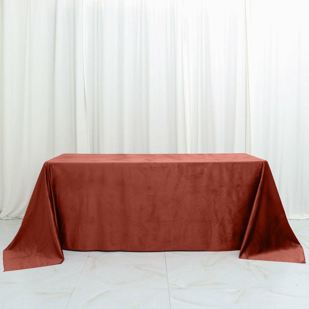 Terracotta (Rust) Seamless Premium Velvet Rectangle Tablecloth, Reusable Linen – 90″x132″ for 6 Foot Table With Floor-Length Drop  |   Velvet & Flocking Tablecloths Terracotta (Rust)