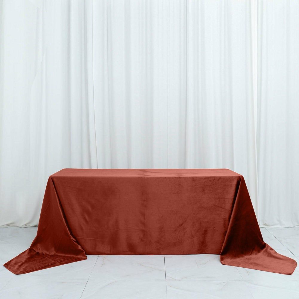 Terracotta (Rust) Seamless Premium Velvet Rectangle Tablecloth, Reusable Linen – 90″x156″ for 8 Foot Table With Floor-Length Drop  |   Velvet & Flocking Tablecloths Terracotta (Rust)