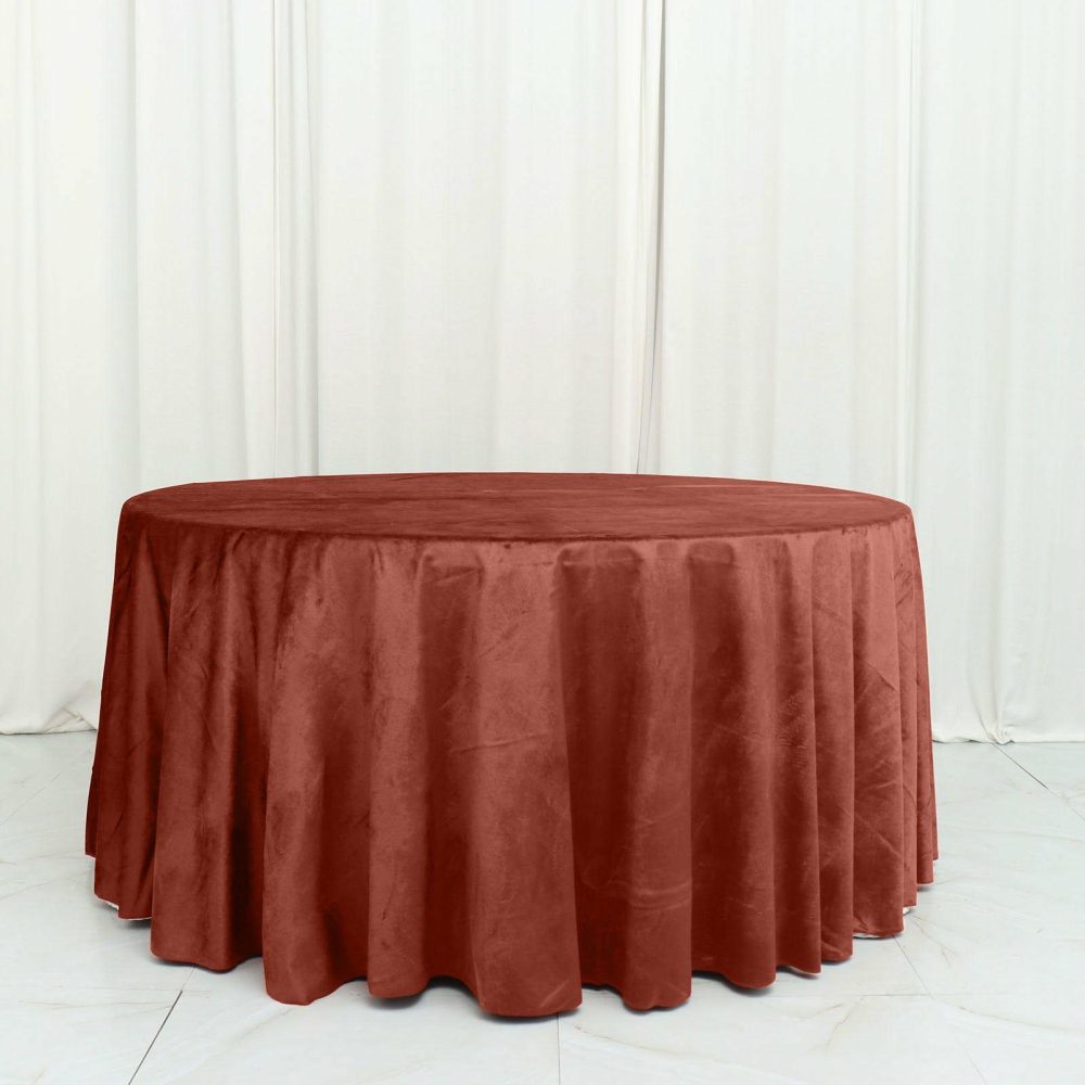 Terracotta (Rust) Seamless Premium Velvet Round Tablecloth, Reusable Linen – 120″ for 5 Foot Table With Floor-Length Drop  |   Velvet & Flocking Tablecloths Terracotta (Rust)