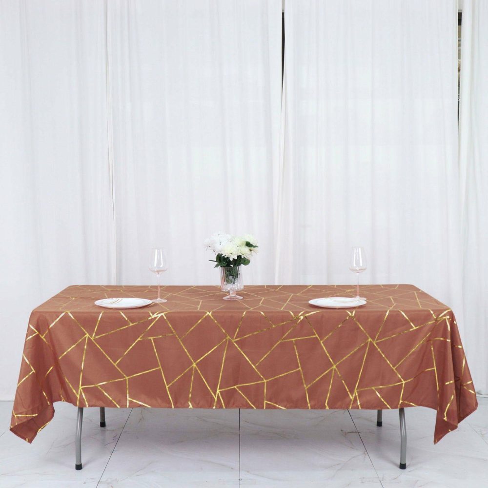 Terracotta (Rust) Seamless Rectangle Polyester Tablecloth With Gold Foil Geometric Pattern – 60″x102″  |   Polyester Polyester Polyester