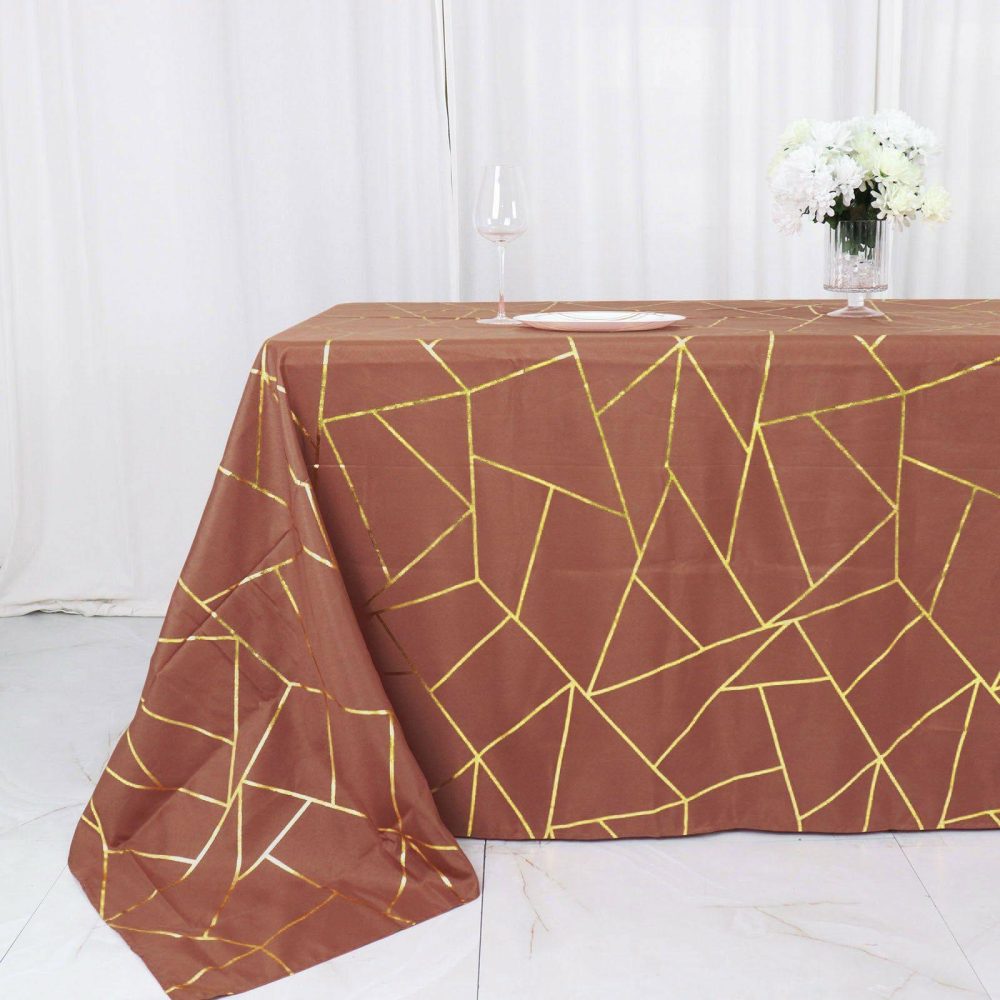 Terracotta (Rust) Seamless Rectangle Polyester Tablecloth With Gold Foil Geometric Pattern – 90″x132″ for 6 Foot Table With Floor-Length Drop  |   Polyester Polyester Polyester