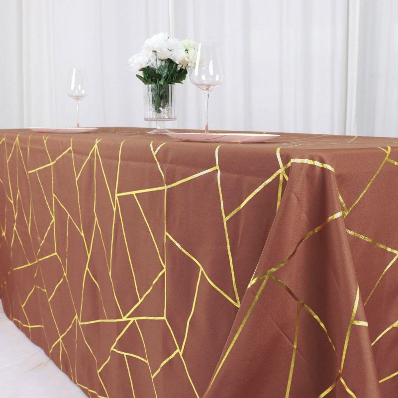 Terracotta (Rust) Seamless Rectangle Polyester Tablecloth With Gold Foil Geometric Pattern – 90″x132″ for 6 Foot Table With Floor-Length Drop  |   Polyester Polyester Polyester