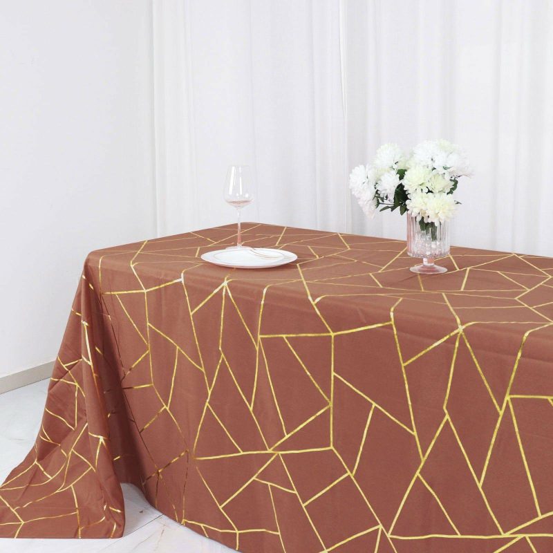 Terracotta (Rust) Seamless Rectangle Polyester Tablecloth With Gold Foil Geometric Pattern – 90″x132″ for 6 Foot Table With Floor-Length Drop  |   Polyester Polyester Polyester