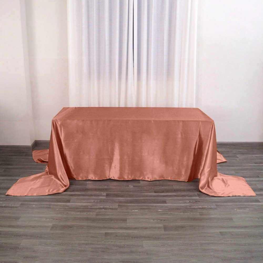 Terracotta (Rust) Seamless Satin Rectangular Tablecloth – 90″x156″ for 8 Foot Table With Floor-Length Drop  |   Satin Satin Satin