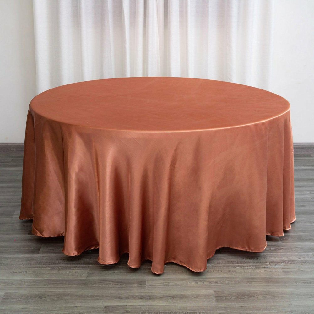 Terracotta (Rust) Seamless Satin Round Tablecloth – 120″ for 5 Foot Table With Floor-Length Drop  |   Satin Satin Satin