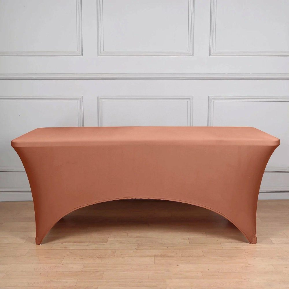 Terracotta (Rust) Stretch Spandex Rectangle Tablecloth 6ft Wrinkle Free Fitted Table Cover for 72″x30″ Tables  |   Spandex & Fitted Spandex & Fitted Spandex & Fitted