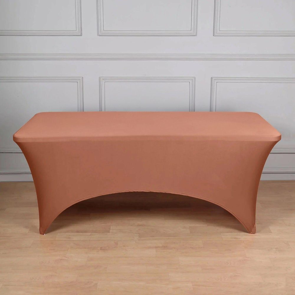 Terracotta (Rust) Stretch Spandex Rectangle Tablecloth 8ft Wrinkle Free Fitted Table Cover for 96″x30″ Tables  |   Spandex & Fitted Spandex & Fitted Spandex & Fitted