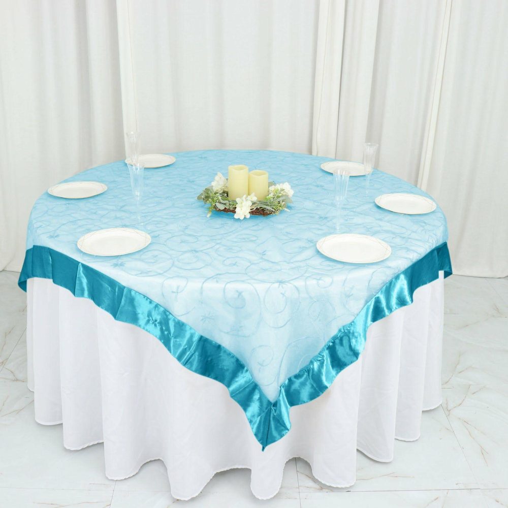 Turquoise Embroidered Sheer Organza Square Table Overlay With Satin Edge 60″x60″  |   Sheer Organza Sheer Organza Sheer Organza