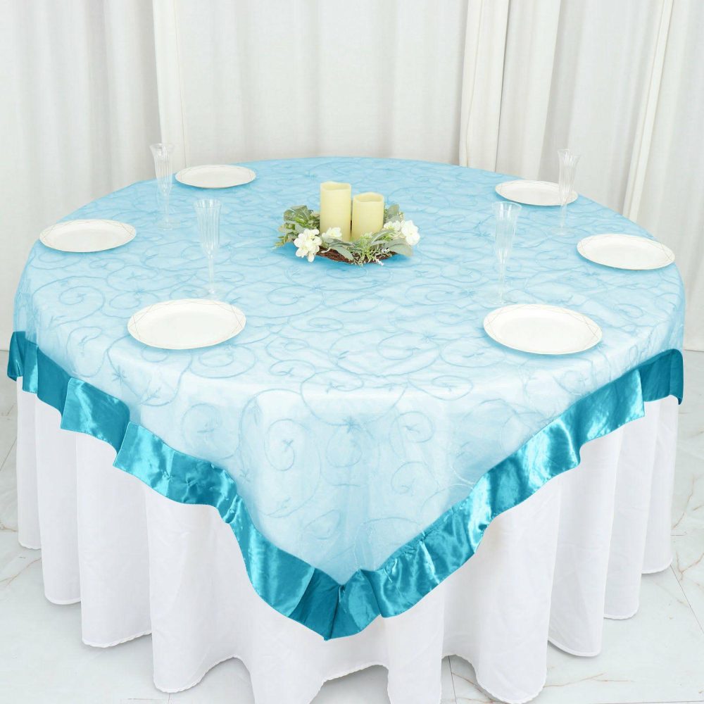 Turquoise Embroidered Sheer Organza Square Table Overlay With Satin Edge 72″x72″  |   Sheer Organza Sheer Organza Sheer Organza