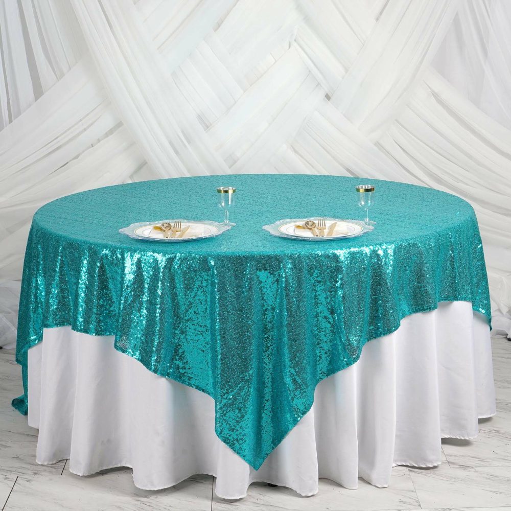 Turquoise Premium Sequin Square Table Overlay, Sparkly Table Overlay 90″x90″  |   Sequin Sequin Sequin