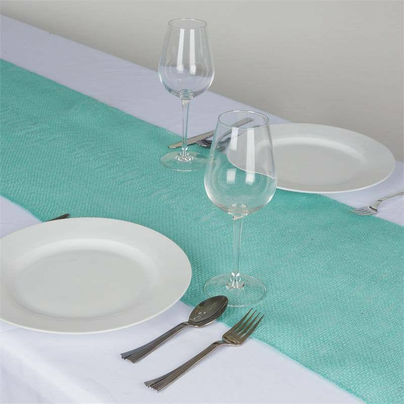 Turquoise Rustic Burlap Table Runner, Boho Chic Jute Linen Tabletop Decor 14″x108″  |   Jute Burlap & Lace Jute Burlap & Lace Jute Burlap & Lace