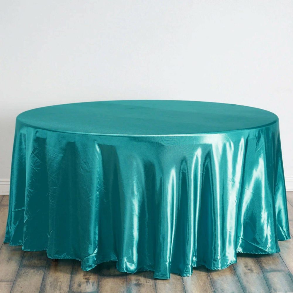 Turquoise Seamless Satin Round Tablecloth 120″ for 5 Foot Table With Floor-Length Drop  |   Satin Satin Satin