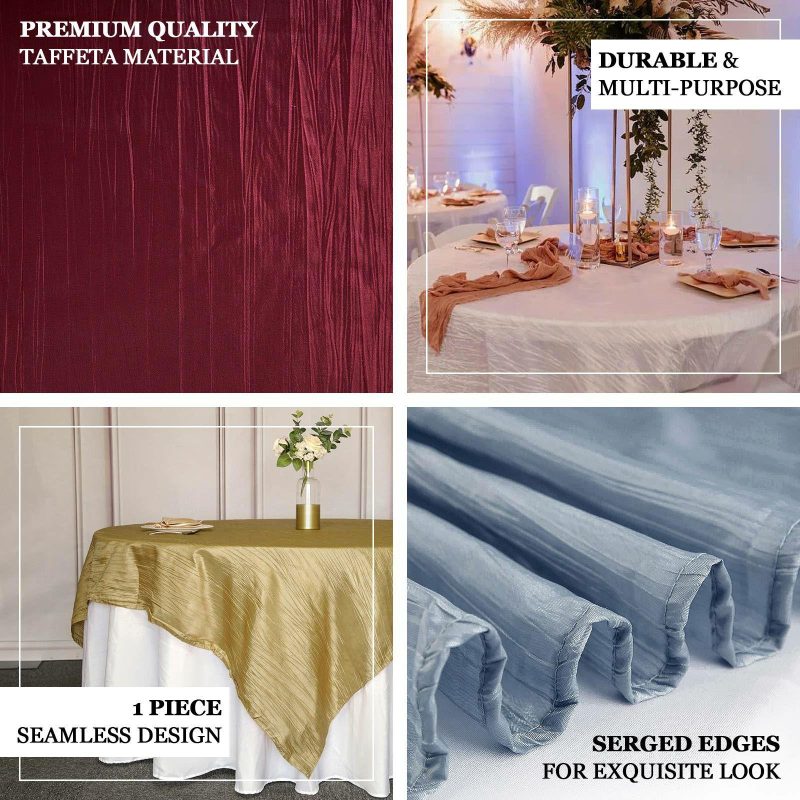 Violet Amethyst Accordion Crinkle Taffeta Table Overlay, Square Tablecloth Topper 72″x72″  |   Satin & Taffeta Satin & Taffeta Satin & Taffeta