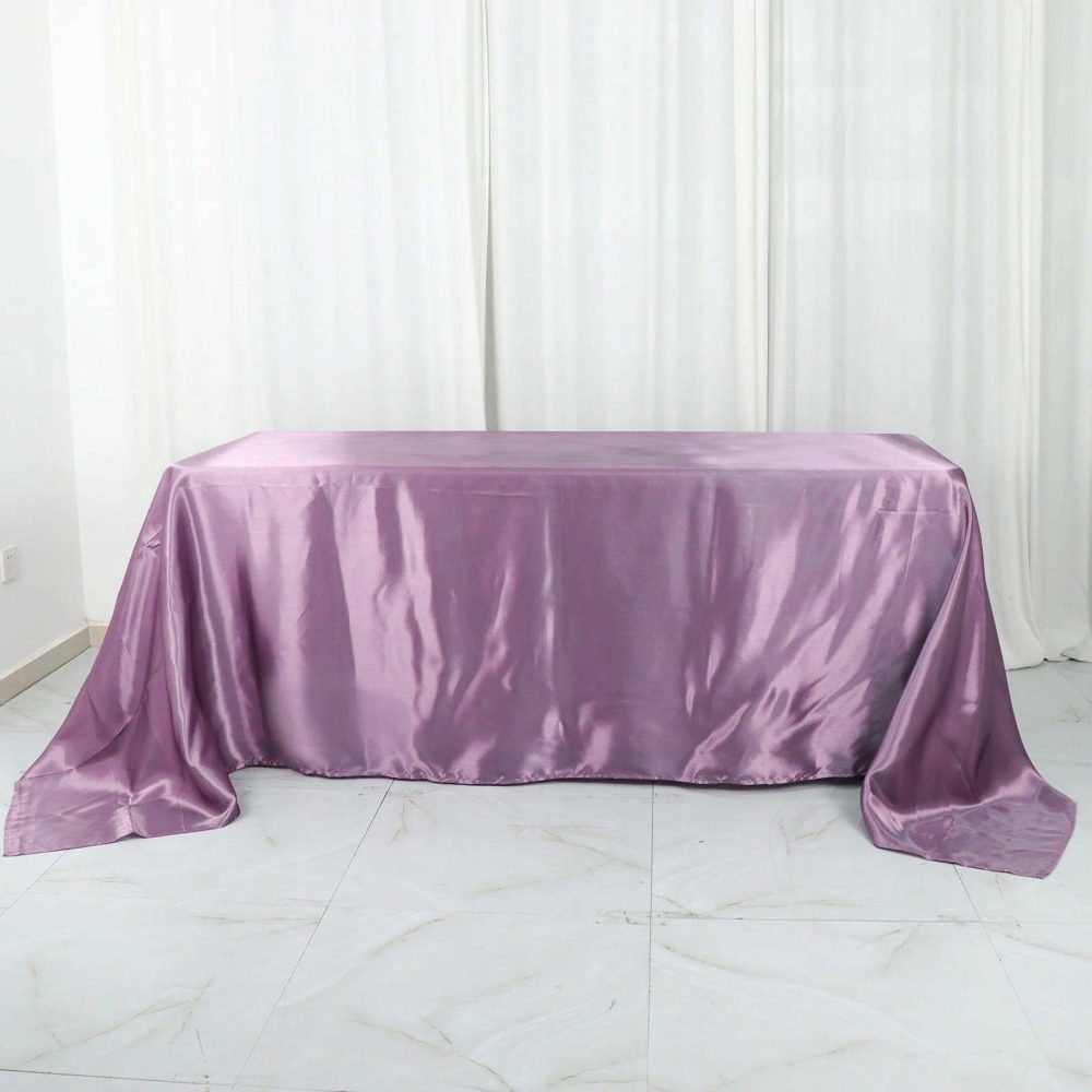 Violet Amethyst Satin Seamless Rectangular Tablecloth 90″x132″ for 6 Foot Table With Floor-Length Drop  |   Satin Satin Satin